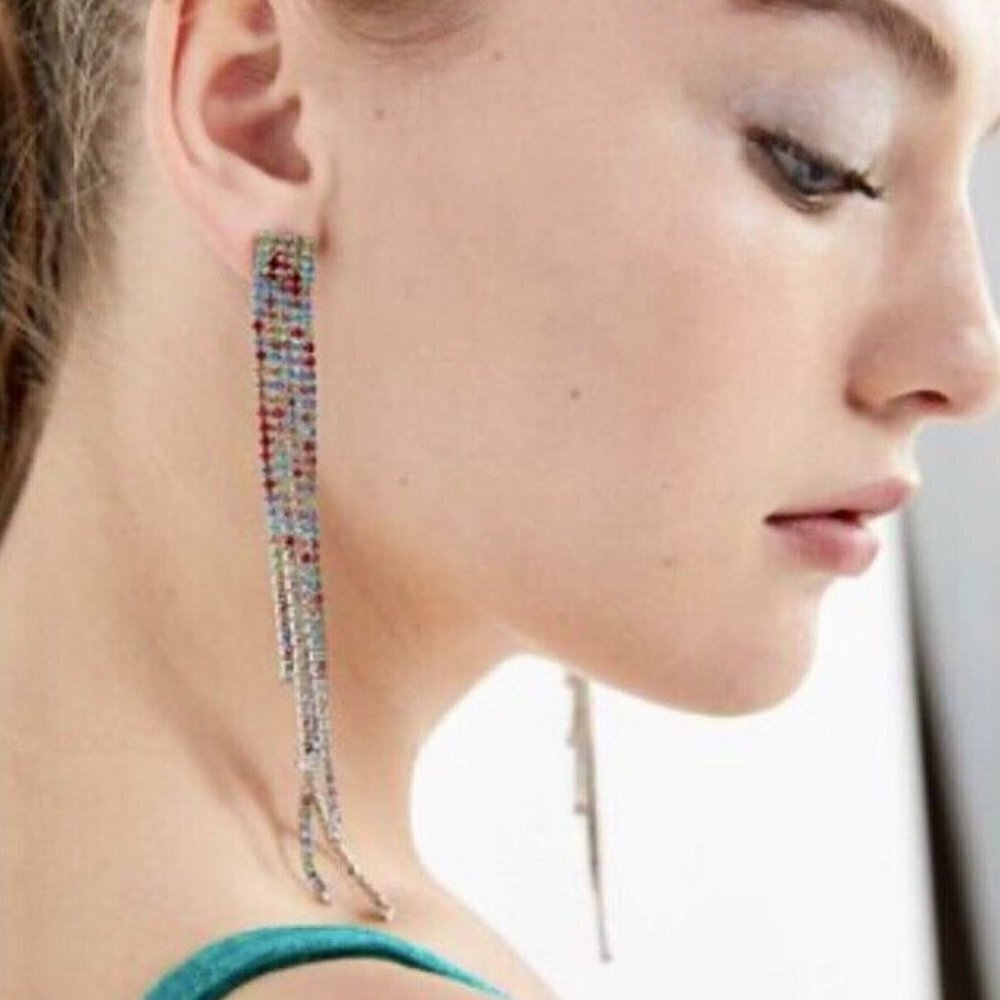 New Urban Outfitters Rhinestone Earrings Multi Colored 5 Strand Post